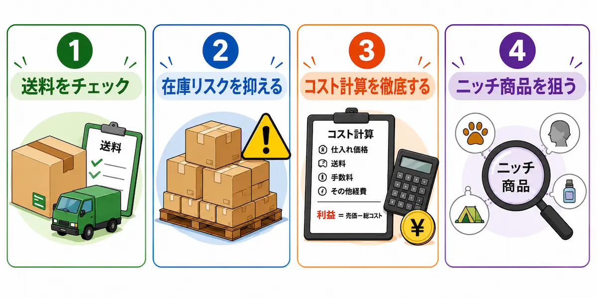 儲かる商品の選び方の4つのポイント、送料、在庫リスク、コスト計算、ニッチ商品のイメージイラスト