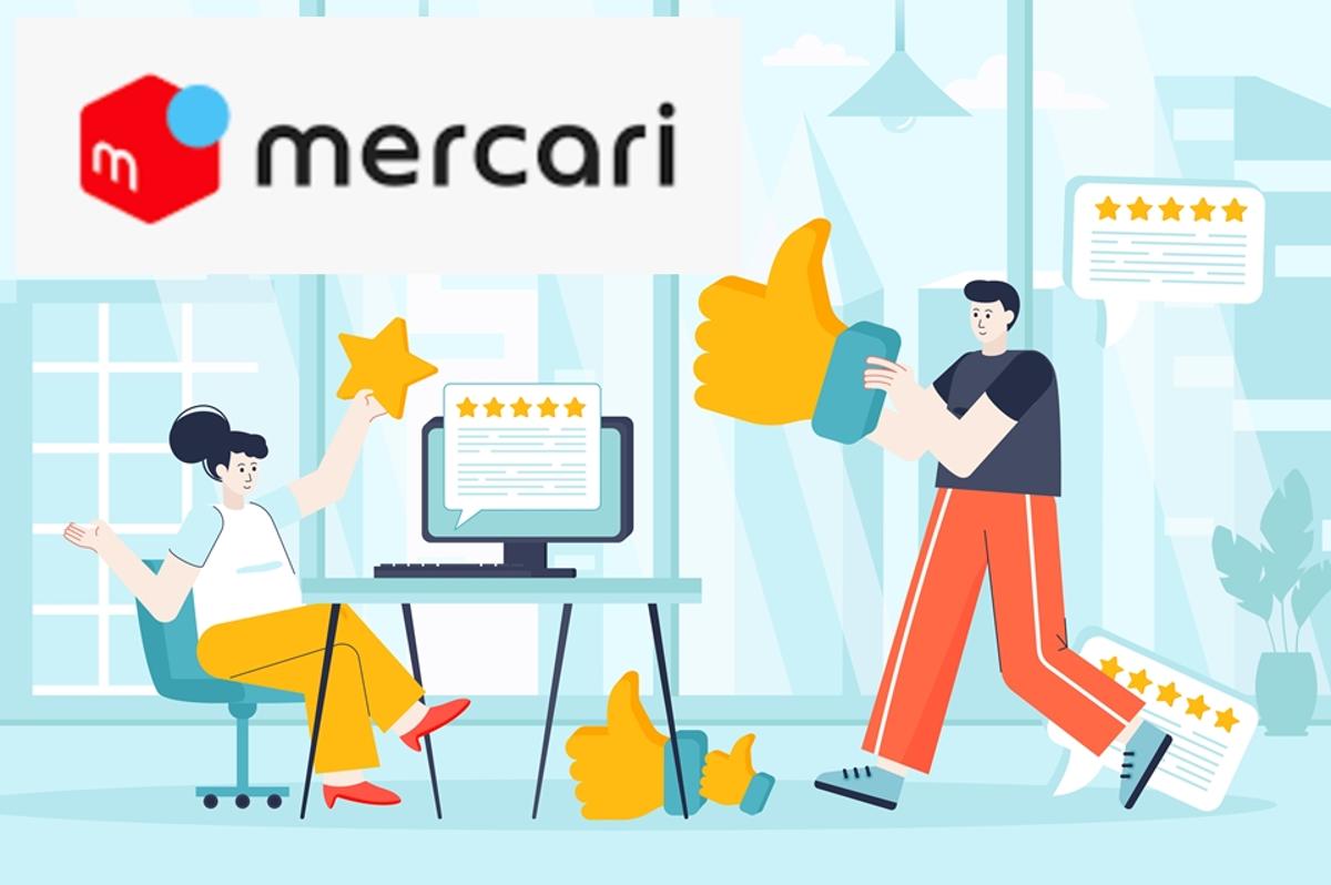 メりカリの文字とPCの前でいいねマークを持つ男女