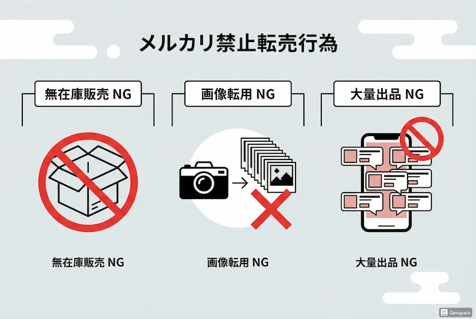 メルカリでの無在庫販売、画像転用、大量出品がNG行為であるイメージイラスト