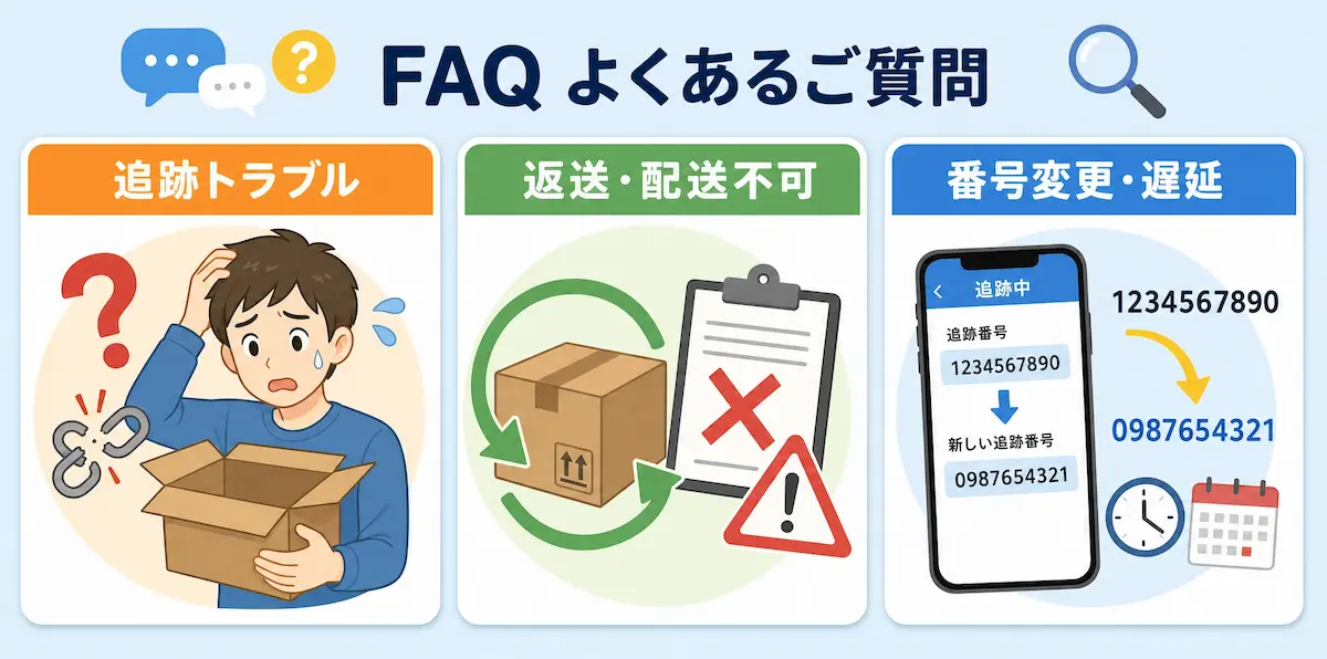 FQAよくあるご質問の文字と、荷物を手に困っている男性、荷物返送イメージ、スマホ画面で追跡番号が変わるイメージイラスト