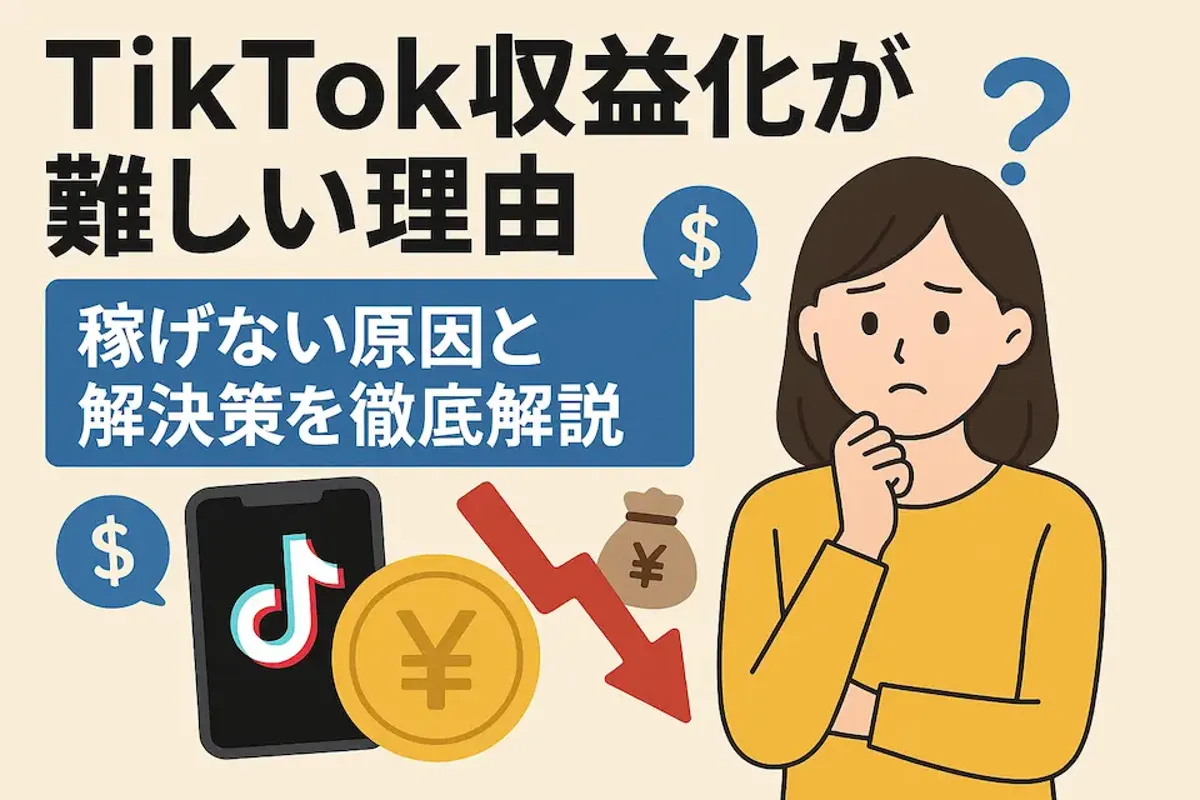 「TIKTOK収益化が難しい理由」の文字、困った表情の女性、TIKTOKのロゴ、円マークに下落の矢印
