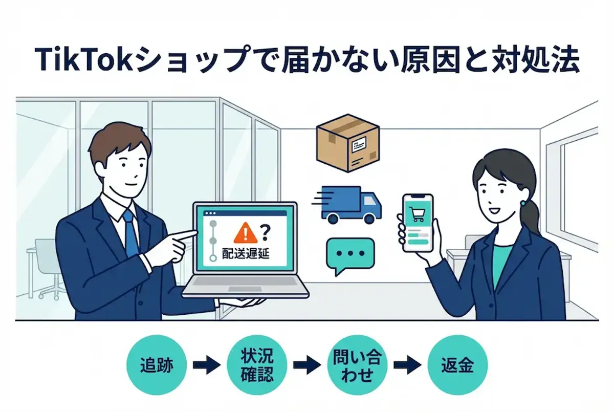 PC画面で配送遅延の文字を指さすビジネスマンと、スマホで応答しているビジネスウーマン、荷物、トラックのアイコン