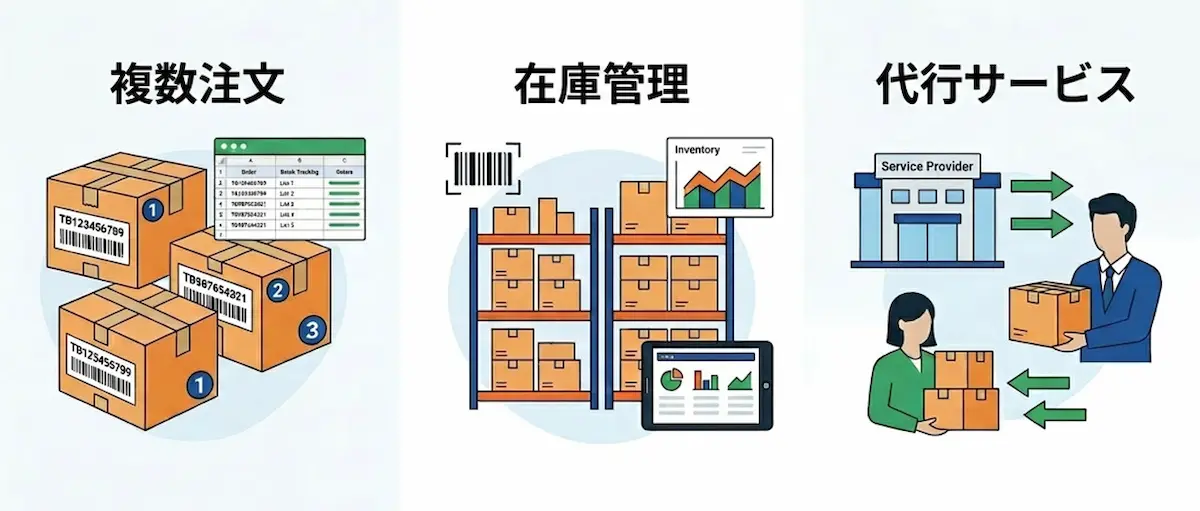 複数注文、在庫管理、代行サービスのイメージイラスト