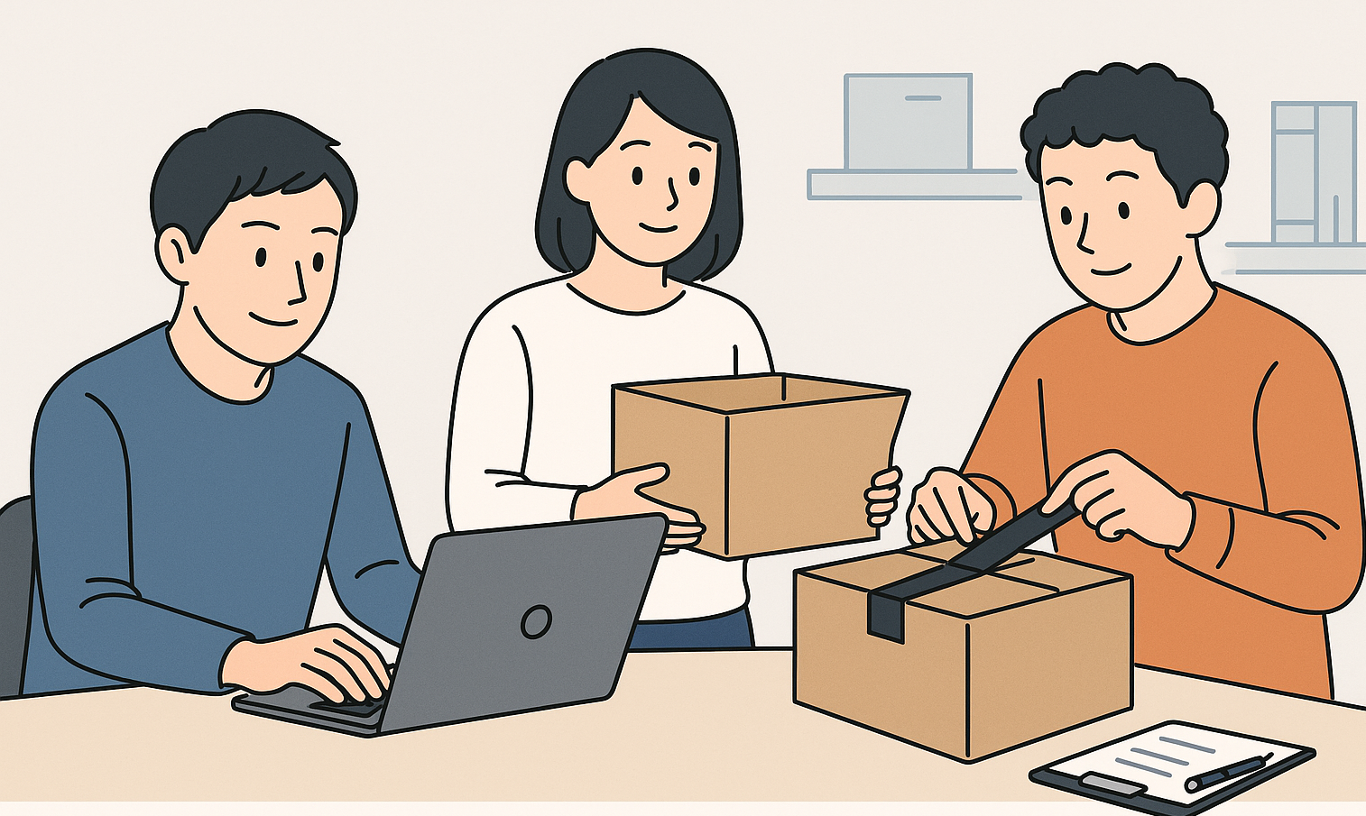 pc の前で、商品の出品準備をする３人の男女のイラスト