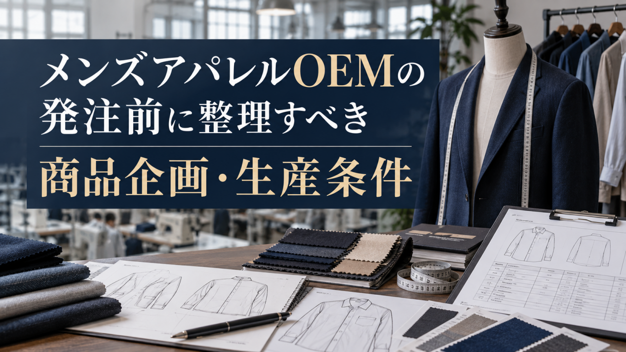 メンズアパレルOEMの発注前に整理すべき商品企画・生産条件｜ジャケットの企画書・生地見本・仕様書を確認するOEM生産イメージ