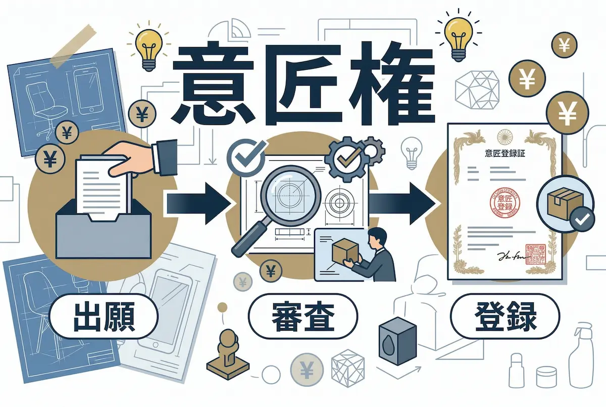 意匠権の文字と、申請の流れのイメージイラスト