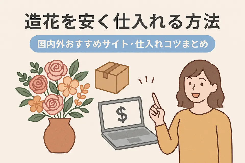 パソコンと花瓶に差された造花、女性