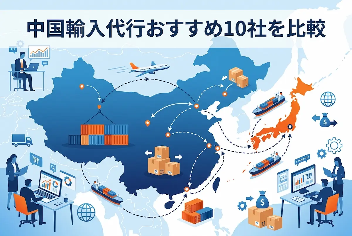 中国と日本の地図に、貨物、コンテナ船、PCで作業するビジネスパーソンのイメージイラスト