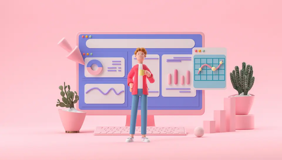 デスクトプＰＣに表示されたグラフとビジネスパーソンのイラスト