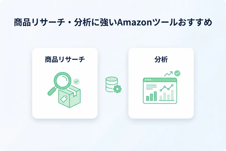 梱包品と虫眼鏡によるリサーチアイコンと、グラフによる分析アイコン