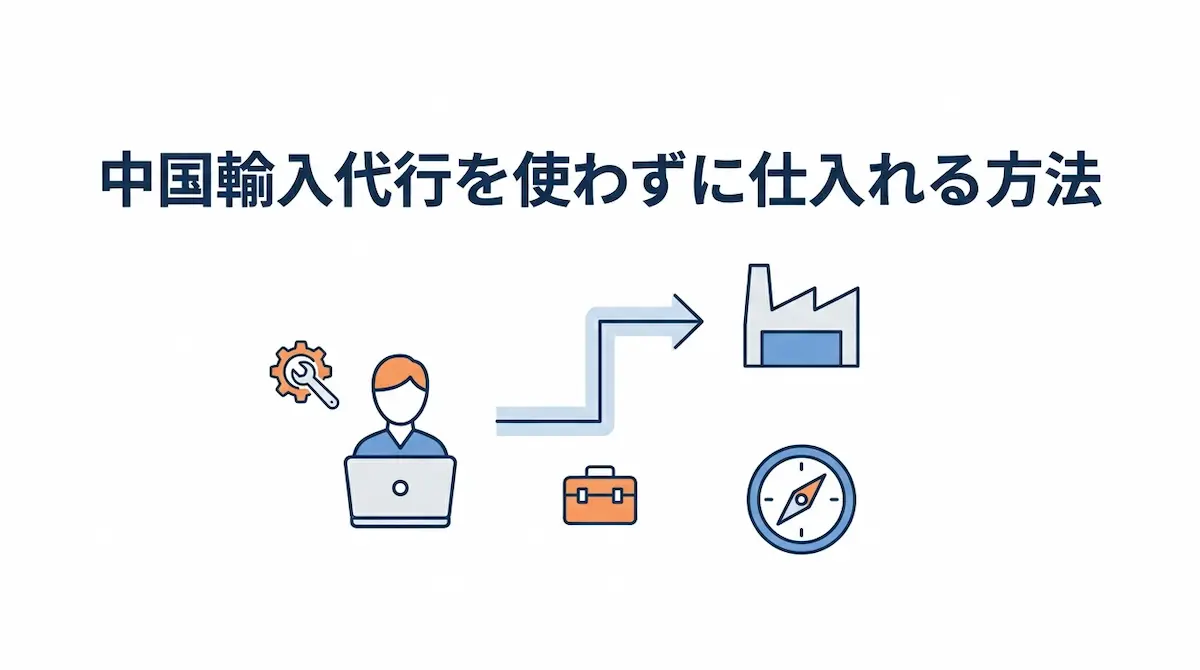 PCに向かうビジネスパーソン、工場への矢印、バック、コンパスのイメージイラスト