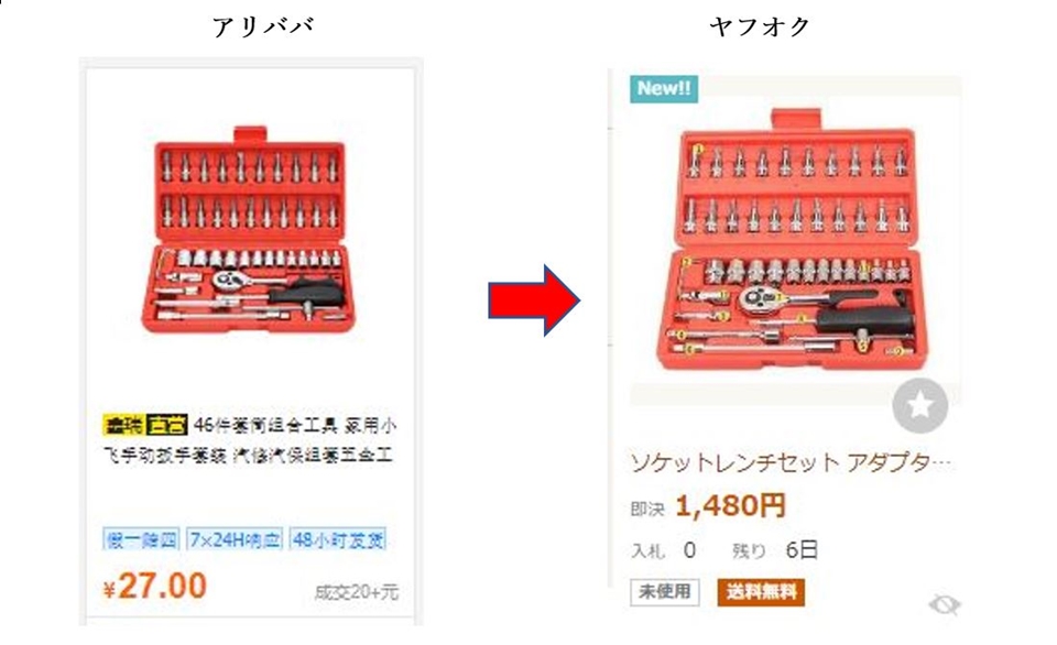 工具のアリババとメルカリの販売価格を比較する画像