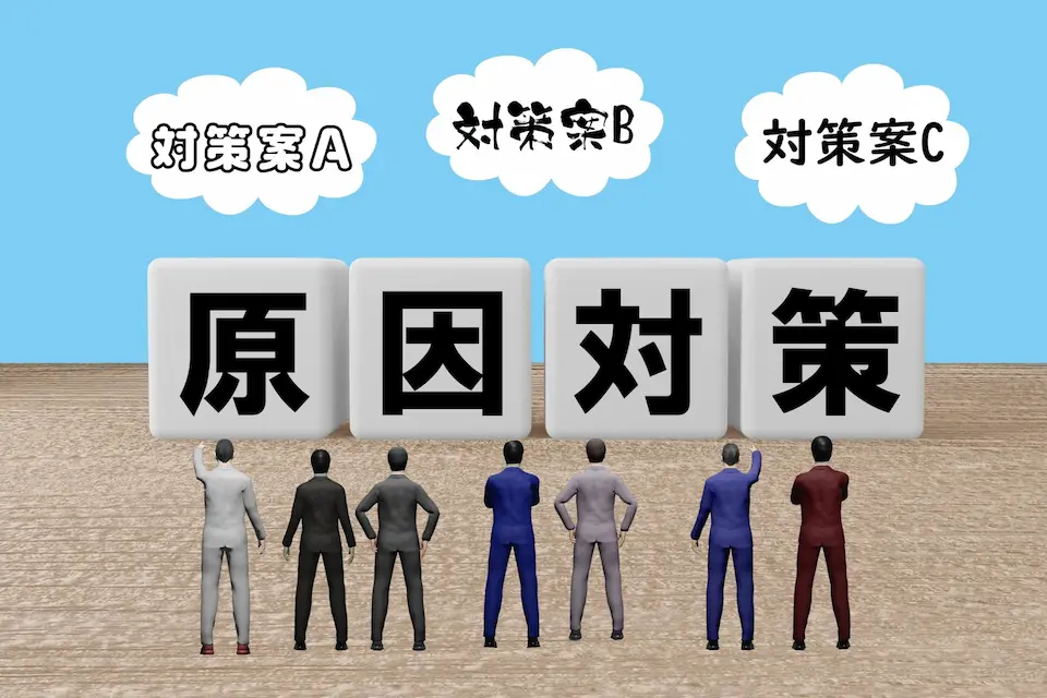 原因対策の文字の上に対策案A,B,Cとその前に立つ7人のビジネスマンの後ろ姿