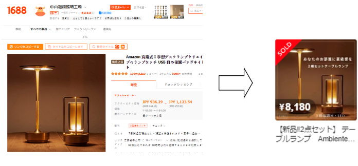 1688とメルカリのテーブルランプ商品ページの比較画像