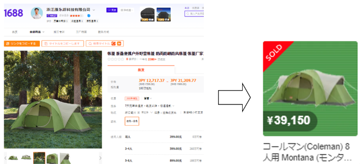 1688とメルカリのテント用品商品ページ比較画像